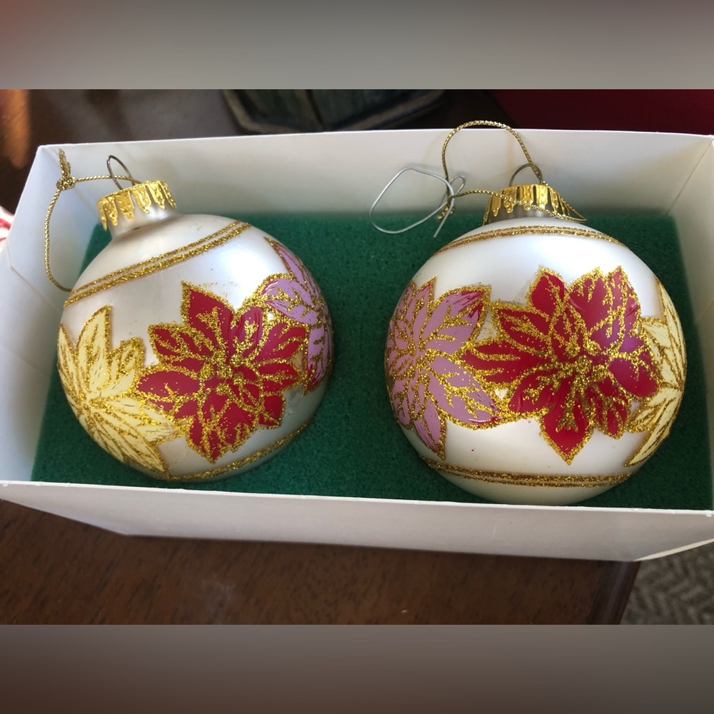 Vintage glass or ornaments with poinsettia & gold design